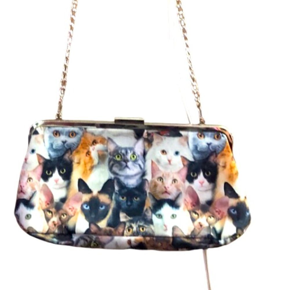 Cat Lady Box Cat Graphic Purse Magnetic Snap Closure Detachable Silver Chain